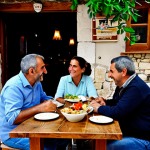 ** A family-friendly scene in a traditional Cypriot taverna. A fully clothed family is seated at a wooden table, enjoying a meze platter. The taverna has a rustic, charming atmosphere with stone walls and traditional decor. Soft, warm lighting. safe for work, appropriate content, fully clothed, professional photography, perfect anatomy, natural proportions.

**