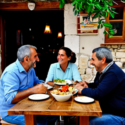 Home 11 ** A family-friendly scene in a traditional Cypriot taverna. A fully clothed family is seated at a wooden table, enjoying a meze platter. The taverna has a rustic, charming atmosphere with stone walls and traditional decor. Soft, warm lighting. safe for work, appropriate content, fully clothed, professional photography, perfect anatomy, natural proportions.
**