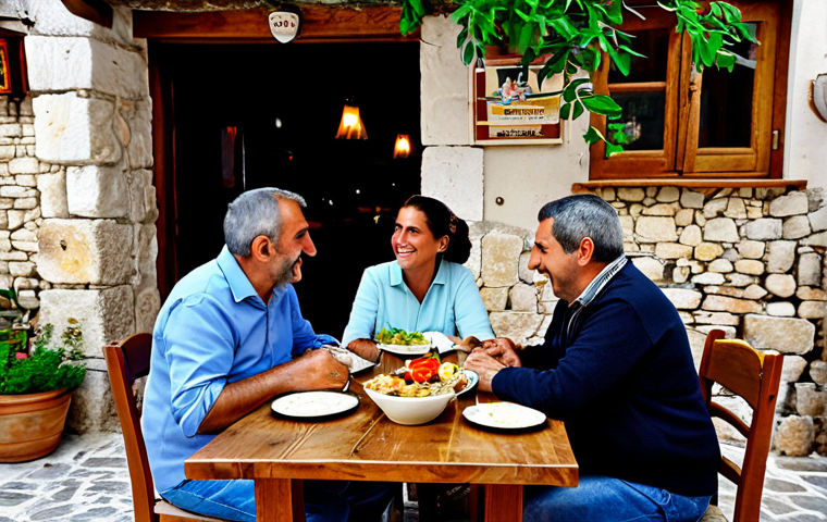 ** A family-friendly scene in a traditional Cypriot taverna. A fully clothed family is seated at a wooden table, enjoying a meze platter. The taverna has a rustic, charming atmosphere with stone walls and traditional decor. Soft, warm lighting. safe for work, appropriate content, fully clothed, professional photography, perfect anatomy, natural proportions.

**
