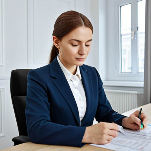 Home 6 **
A professional female accountant in a modern office setting in Moscow, fully clothed in a modest business suit, reviewing financial documents at her desk, natural lighting, safe for work, appropriate content, professional, perfect anatomy, well-formed hands, high resolution, family-friendly.
**