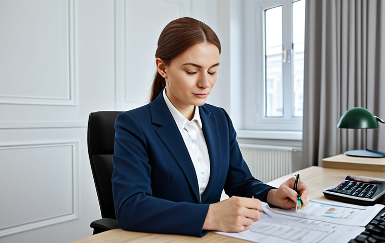 **

A professional female accountant in a modern office setting in Moscow, fully clothed in a modest business suit, reviewing financial documents at her desk, natural lighting, safe for work, appropriate content, professional, perfect anatomy, well-formed hands, high resolution, family-friendly.

**